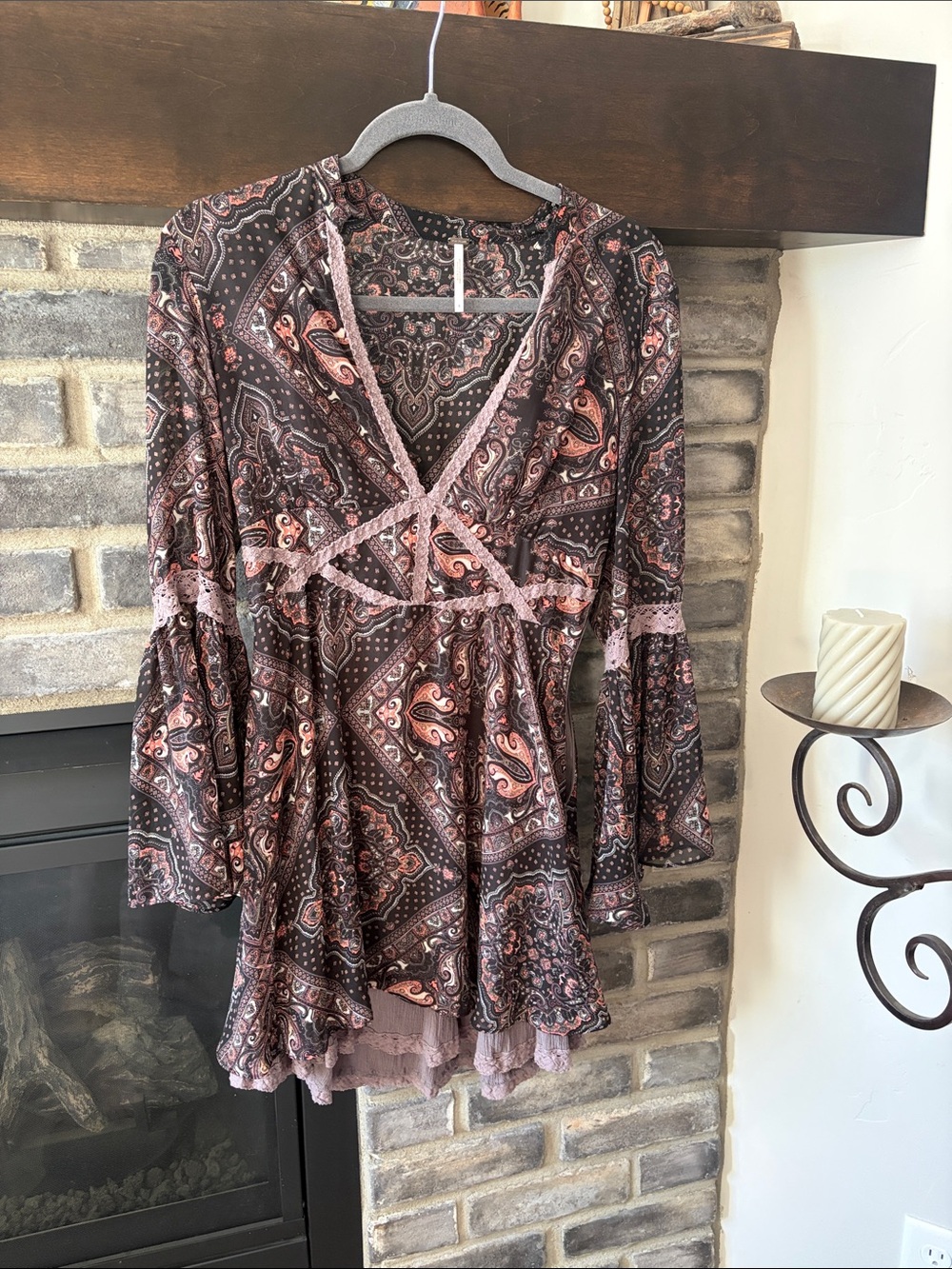 Free People Brown and Mauve Paisley Lace-Trim Long Sleeve Dress